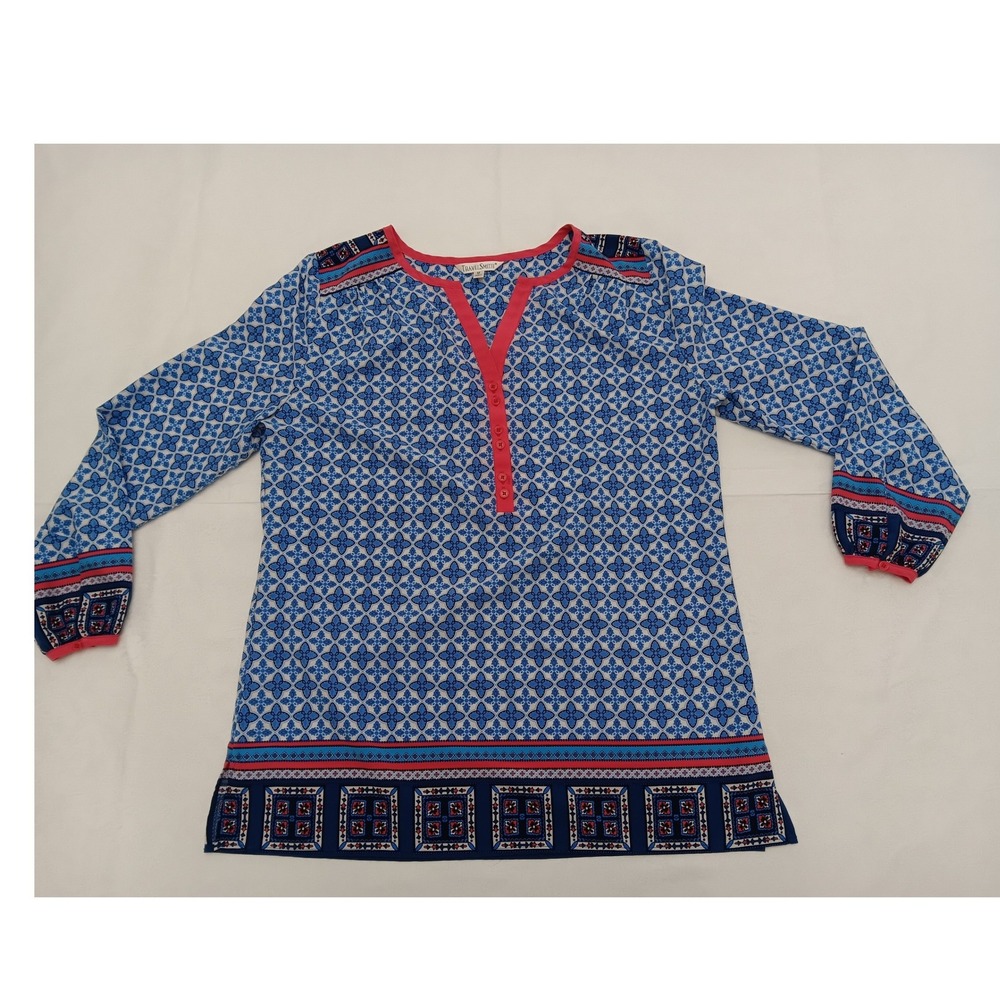 TravelSmith Blue Red Geometric Print Split Neck Tunic‎ Blouse Top Style 20302 M